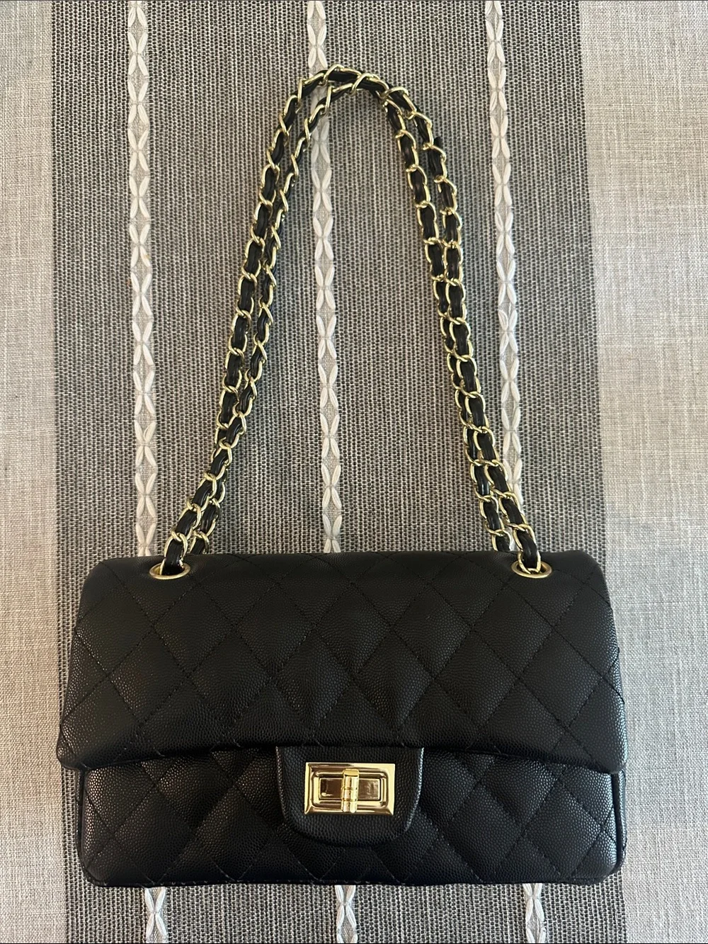 Black Quilted Faux Leather Chain-Handle Shoulder Bag